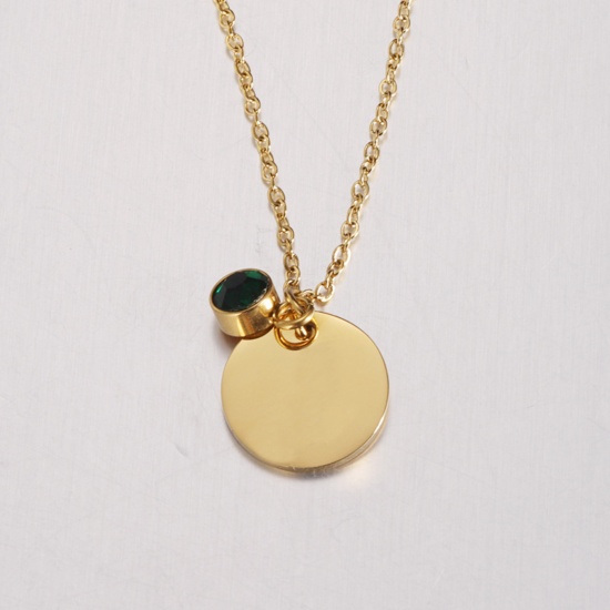 Picture of Stainless Steel Birthstone Necklace Gold Plated Round May Blank Stamping Tags Dark Green Cubic Zirconia 45cm(17 6/8") long, 1 Piece
