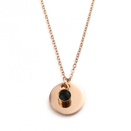 Picture of Stainless Steel Birthstone Necklace Rose Gold Round May Blank Stamping Tags Dark Green Cubic Zirconia 45cm(17 6/8") long, 1 Piece