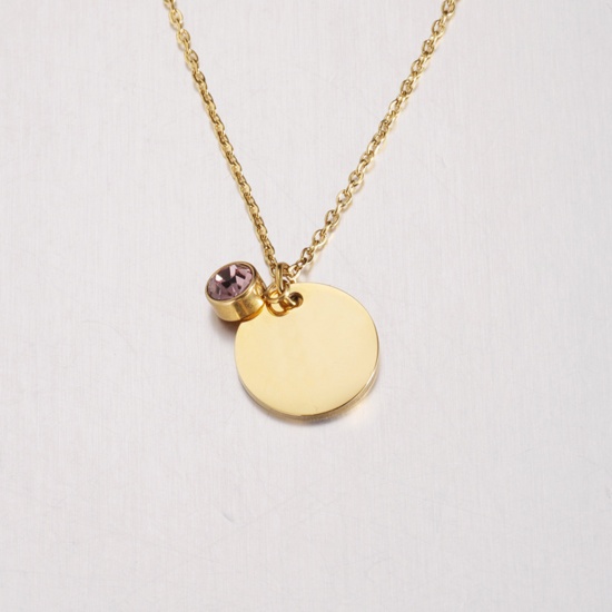 Picture of Stainless Steel Birthstone Necklace Gold Plated Round June Blank Stamping Tags Mauve Cubic Zirconia 45cm(17 6/8") long, 1 Piece