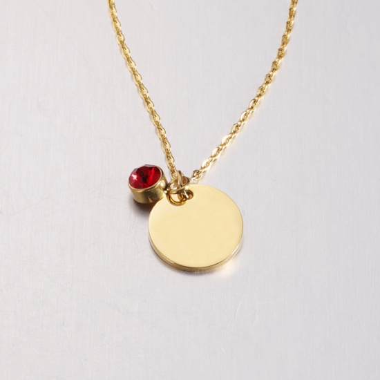 Picture of Stainless Steel Birthstone Necklace Gold Plated Round July Blank Stamping Tags Red Cubic Zirconia 45cm(17 6/8") long, 1 Piece
