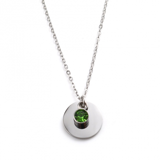 Picture of Stainless Steel Birthstone Necklace Silver Tone Round August Blank Stamping Tags Green Cubic Zirconia 45cm(17 6/8") long, 1 Piece