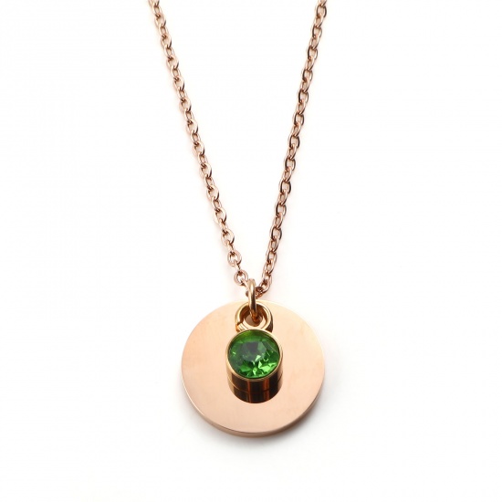 Picture of Stainless Steel Birthstone Necklace Rose Gold Round August Blank Stamping Tags Green Cubic Zirconia 45cm(17 6/8") long, 1 Piece