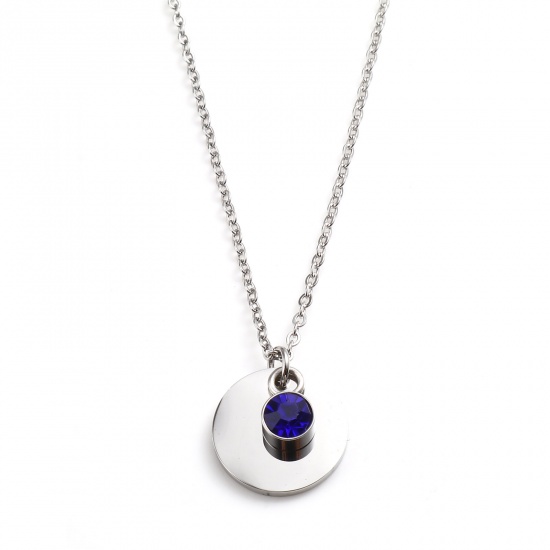Picture of Stainless Steel Birthstone Necklace Silver Tone Round September Blank Stamping Tags Blue Violet Cubic Zirconia 45cm(17 6/8") long, 1 Piece