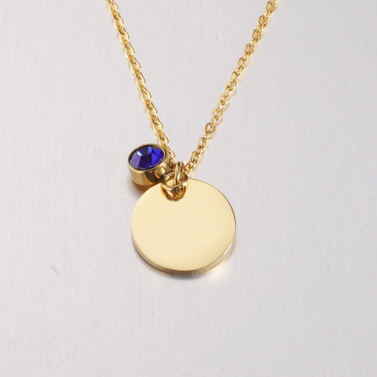 Picture of Stainless Steel Birthstone Necklace Gold Plated Round September Blank Stamping Tags Blue Violet Cubic Zirconia 45cm(17 6/8") long, 1 Piece