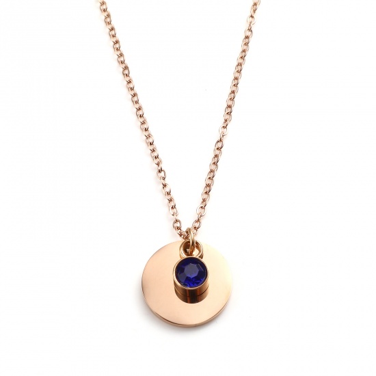 Picture of Stainless Steel Birthstone Necklace Rose Gold Round September Blank Stamping Tags Blue Violet Cubic Zirconia 45cm(17 6/8") long, 1 Piece