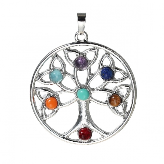 Picture of Yoga Healing Gemstone Pendants Round Silver Tone Multicolor Tree Hollow 50mm(2") x 40mm(1 5/8"), 1 Piece
