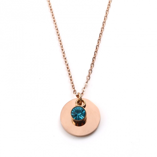 Picture of Stainless Steel Birthstone Necklace Rose Gold Round March Blank Stamping Tags Blue Cubic Zirconia 45cm(17 6/8") long, 1 Piece