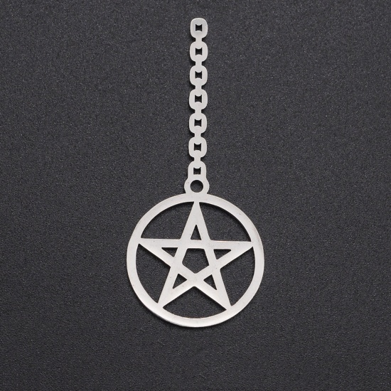 Picture of Stainless Steel Galaxy Pendants Round Silver Tone Pentagram Star 4.8cm x 2cm, 1 Piece