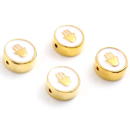 Picture of Zinc Based Alloy Religious Spacer Beads Flat Round Gold Plated White Hamsa Symbol Hand Enamel About 10mm Dia., Hole: Approx 1.3mm, 10 PCs