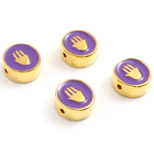 Picture of Zinc Based Alloy Religious Spacer Beads Flat Round Gold Plated Purple Hamsa Symbol Hand Enamel About 10mm Dia., Hole: Approx 1.3mm, 10 PCs
