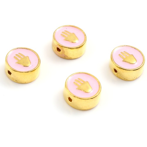 Picture of Zinc Based Alloy Religious Spacer Beads Flat Round Gold Plated Pink Hamsa Symbol Hand Enamel About 10mm Dia., Hole: Approx 1.3mm, 10 PCs