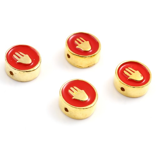 Picture of Zinc Based Alloy Religious Spacer Beads Flat Round Gold Plated Red Hamsa Symbol Hand Enamel About 10mm Dia., Hole: Approx 1.3mm, 10 PCs