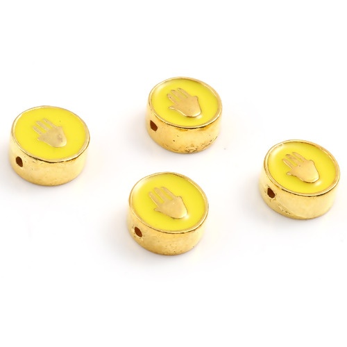Picture of Zinc Based Alloy Religious Spacer Beads Flat Round Gold Plated Yellow Hamsa Symbol Hand Enamel About 10mm Dia., Hole: Approx 1.3mm, 10 PCs