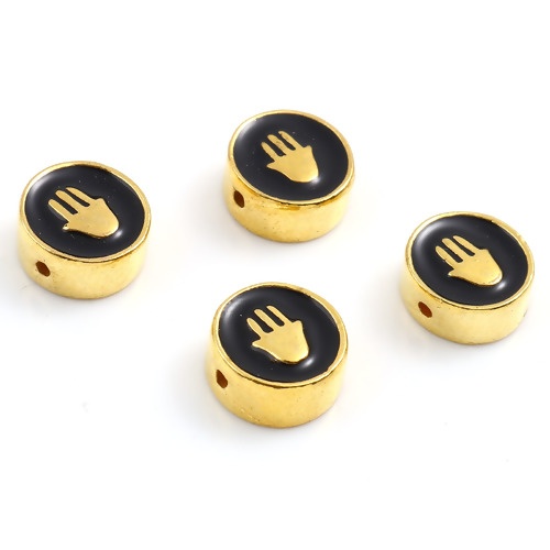 Picture of Zinc Based Alloy Religious Spacer Beads Flat Round Gold Plated Black Hamsa Symbol Hand Enamel About 10mm Dia., Hole: Approx 1.3mm, 10 PCs