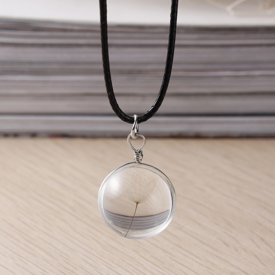 Picture of New Fashion Real Dandelion Clear Glass Round Pendant Necklace Black Cord 45cm(17 6/8") long, 1 Piece