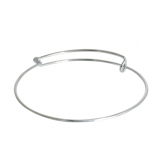 Picture of Brass Expandable Bangles Bracelets Double Bar Round Silver Tone Adjustable From 25cm(9 7/8") - 20cm(7 7/8") long, 1 Piece                                                                                                                                     