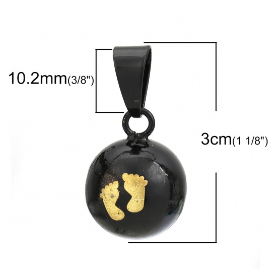 Picture of Copper Harmony Chime Ball Pendants Round Black Footprint Pattern 30mm(1 1/8") x 16mm( 5/8"), 1 Piece
