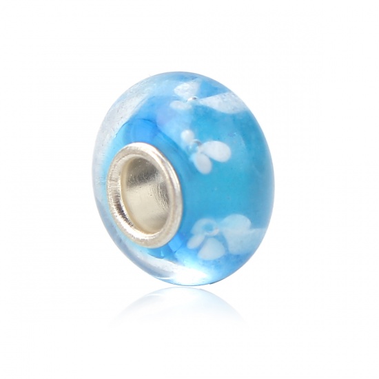 Picture of Lampwork Glass European Style Large Hole Charm Beads Round Silver Plated Core Flower Pattern Blue Transparent About 14mm x8mm( 4/8" x 3/8") - 13mm x8mm( 4/8" x 3/8"), Hole: Approx 5.0mm, 5 PCs