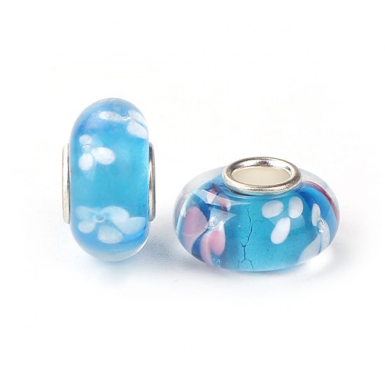 Picture of Lampwork Glass European Style Large Hole Charm Beads Round Silver Plated Core Flower Pattern Blue Transparent About 14mm x8mm( 4/8" x 3/8") - 13mm x8mm( 4/8" x 3/8"), Hole: Approx 5.0mm, 5 PCs