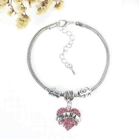 Picture of European Style Snake Chain Charm Bracelets Heart Antique Silver Message " NANA" & "Love" Carved Pink Rhinestone 19.5cm(7 5/8") long, 1 Piece