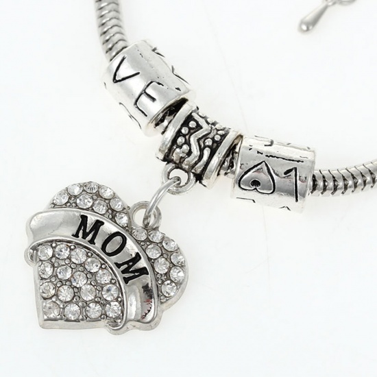 Picture of European Style Snake Chain Charm Bracelets Heart Antique Silver Color Message "Mom" & "Love" Carved Clear Rhinestone 19.5cm long, 1 Piece