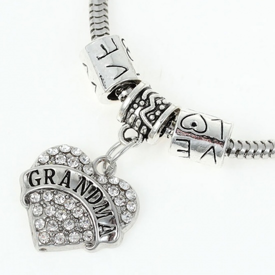 Picture of European Style Snake Chain Charm Bracelets Heart Antique Silver Silver Tone Message "Grandma" & "Love" Carved Clear Rhinestone 20cm(7 7/8") long, 1 Piece