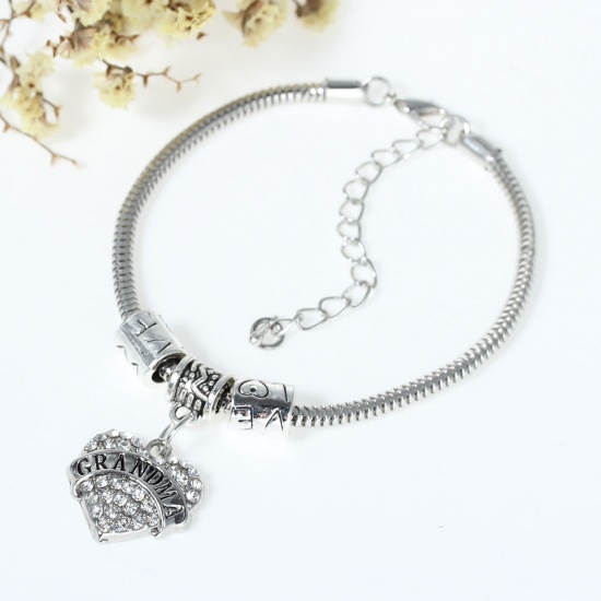 Picture of European Style Snake Chain Charm Bracelets Heart Antique Silver Silver Tone Message "Grandma" & "Love" Carved Clear Rhinestone 20cm(7 7/8") long, 1 Piece