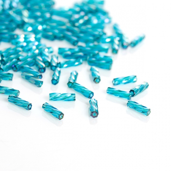 Picture of (Japan Import) Glass Seed Beads Twisted Bugle Peacock blue About 6mm x 2mm, Hole: Approx 0.8mm, 10 Grams (Approx 40 PCs/Gram)