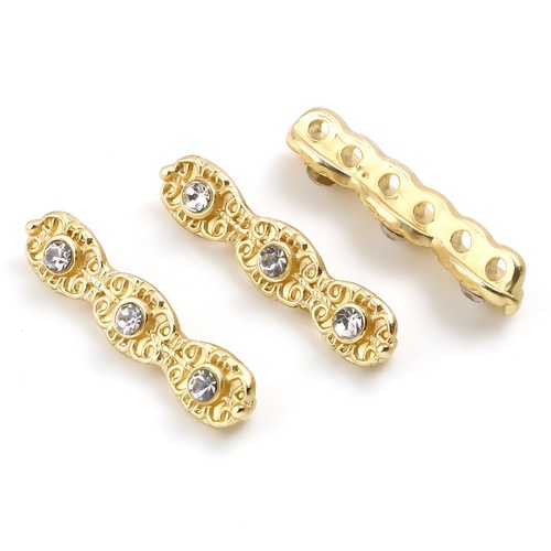Picture of Zinc Based Alloy Spacer Porous Beads Geometric Matt Gold Clear Rhinestone About 27mm x 6mm, Hole: Approx 1.8mm, 5 PCs