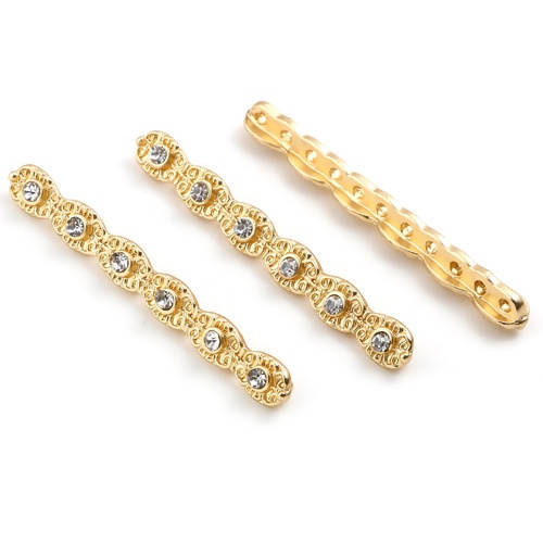 Picture of Zinc Based Alloy Spacer Porous Beads Geometric Matt Gold Clear Rhinestone About 5cm x 0.6cm, Hole: Approx 1.8mm, 2 PCs