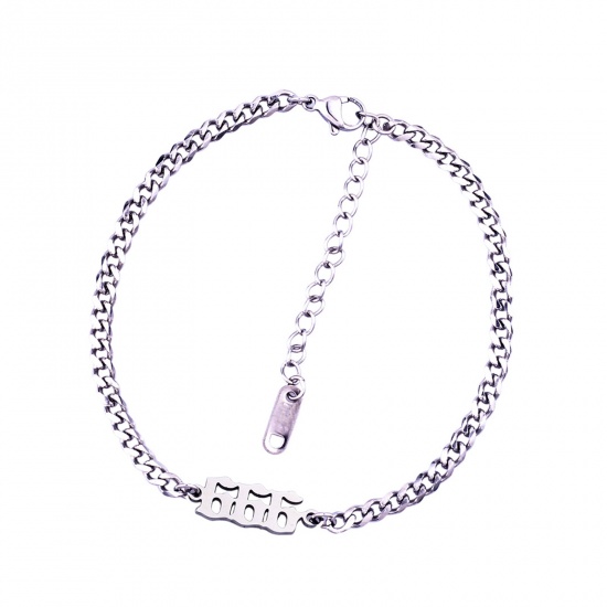 Изображение Stainless Steel Link Curb Chain Bracelets Silver Tone Number Word Message " 666 " 20.5cm(8 1/8") - 20cm(7 7/8") long, 1 Piece