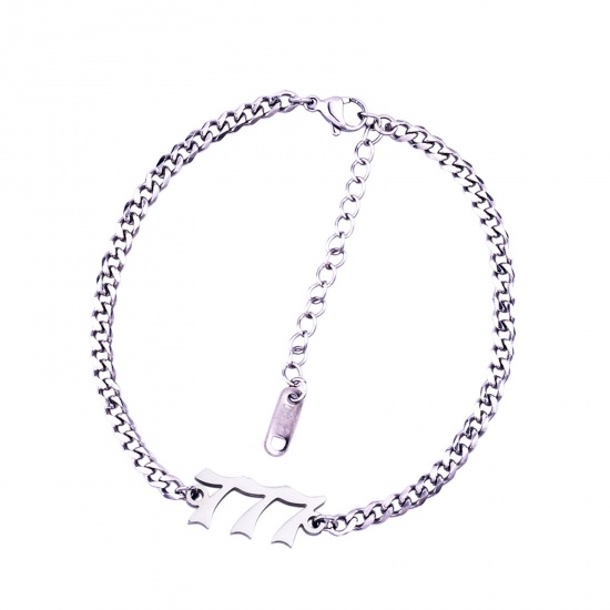 Изображение Stainless Steel Link Curb Chain Bracelets Silver Tone Number Word Message " 777 " 20.5cm(8 1/8") - 20cm(7 7/8") long, 1 Piece