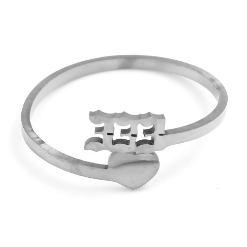 Picture of Stainless Steel Open Adjustable Rings Silver Tone Heart Number " 333 " 19.5mm(US Size 9.75), 1 Piece