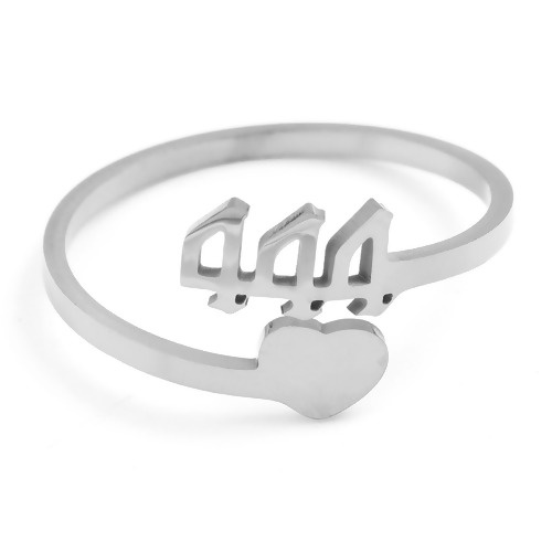 Picture of Stainless Steel Open Adjustable Rings Silver Tone Heart Number " 444 " 19.5mm(US Size 9.75), 1 Piece