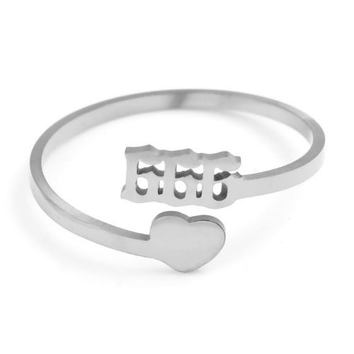 Picture of Stainless Steel Open Adjustable Rings Silver Tone Heart Number " 666 " 19.5mm(US Size 9.75), 1 Piece