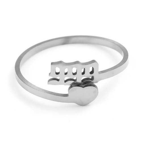 Picture of Stainless Steel Open Adjustable Rings Silver Tone Heart Number " 999 " 19.5mm(US Size 9.75), 1 Piece
