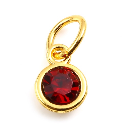 Immagine di Zinc Based Alloy & Glass Birthstone Charms Round Gold Plated Wine Red January 15mm x 7mm, 10 PCs