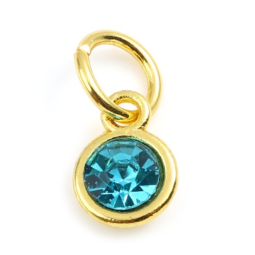Immagine di Zinc Based Alloy & Glass Birthstone Charms Round Gold Plated Light Lake Blue March 15mm x 7mm, 10 PCs