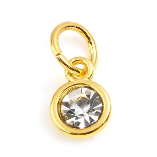 Immagine di Zinc Based Alloy & Glass Birthstone Charms Round Gold Plated Transparent Clear April 15mm x 7mm, 10 PCs