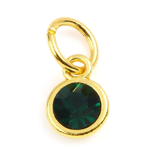 Immagine di Zinc Based Alloy & Glass Birthstone Charms Round Gold Plated Dark Green May 15mm x 7mm, 10 PCs