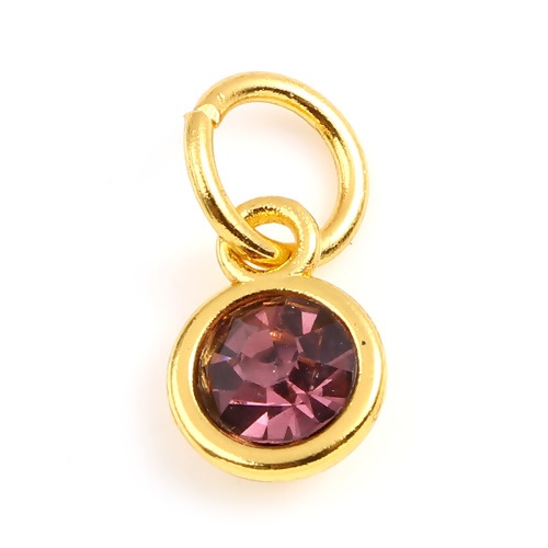 Immagine di Zinc Based Alloy & Glass Birthstone Charms Round Gold Plated Mauve June 15mm x 7mm, 10 PCs