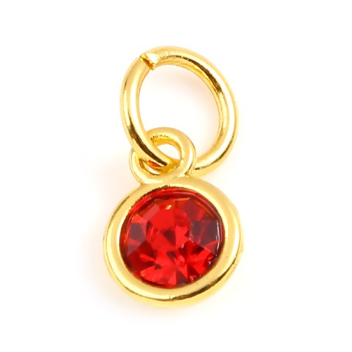 Immagine di Zinc Based Alloy & Glass Birthstone Charms Round Gold Plated Red July 15mm x 7mm, 10 PCs
