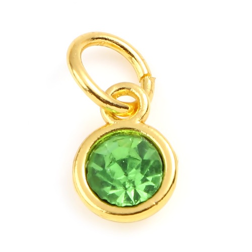 Immagine di Zinc Based Alloy & Glass Birthstone Charms Round Gold Plated Green August 15mm x 7mm, 10 PCs