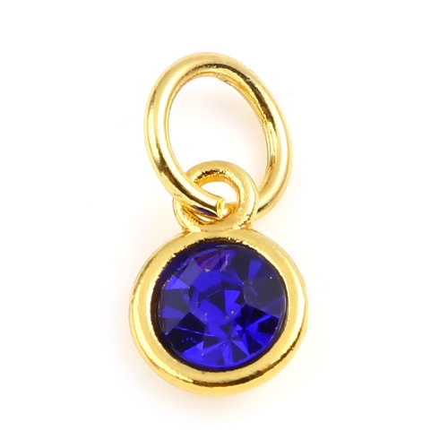 Immagine di Zinc Based Alloy & Glass Birthstone Charms Round Gold Plated Royal Blue September 15mm x 7mm, 10 PCs