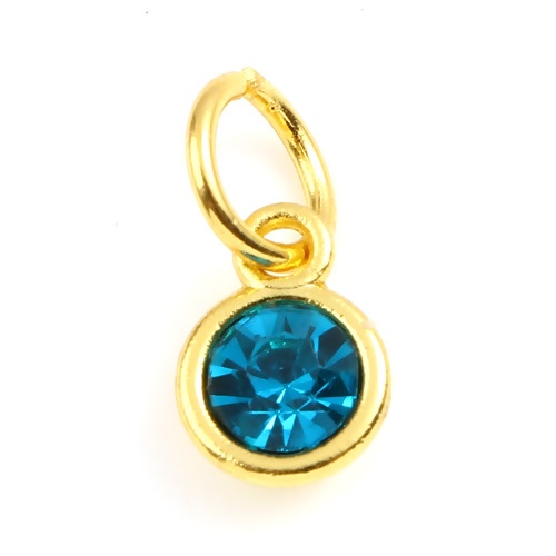 Immagine di Zinc Based Alloy & Glass Birthstone Charms Round Gold Plated Lake Blue December 15mm x 7mm, 10 PCs