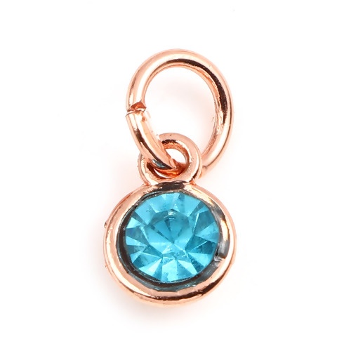 Picture of Zinc Based Alloy & Glass Birthstone Charms Round Rose Gold Light Lake Blue March 15mm x 7mm, 10 PCs