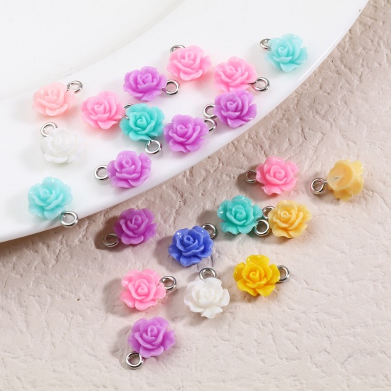 Picture of Resin Valentine's Day Charms Rose Flower Silver Tone At Random Color 13mm x 10mm, 20 PCs
