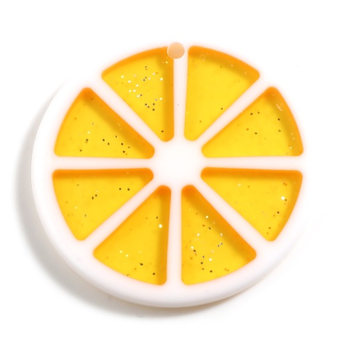 Picture of Resin Pendants Orange Fruit Orange Glitter 35mm Dia. 5 PCs