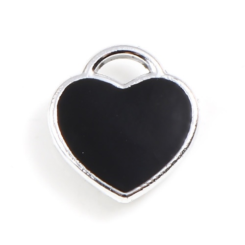 Picture of Zinc Based Alloy Valentine's Day Charms Heart Black Enamel 12mm x 11mm, 10 PCs