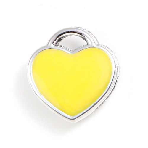 Picture of Zinc Based Alloy Valentine's Day Charms Heart Yellow Enamel 12mm x 11mm, 10 PCs
